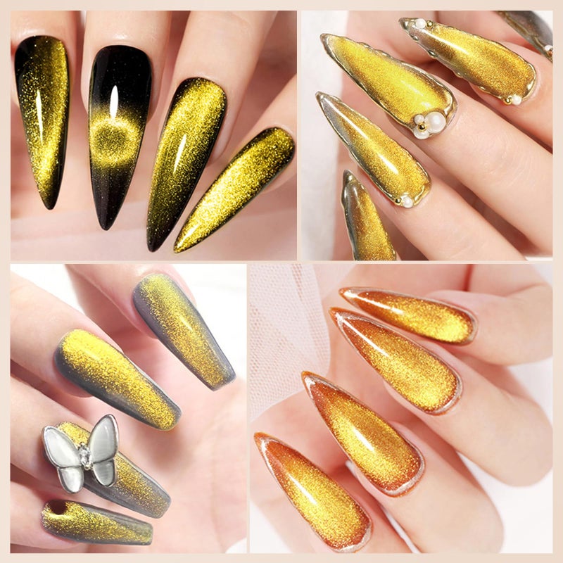 MIZHSE Gold Cat Eye Gel Nail Polish, 9D Magnetic Gel Polish with Magnet Stick, 10ml Universal Galaxy Bright Glitter Shimmer Cateye Effect Soak Off Nail Art Manicure DIY at Home - Image 4